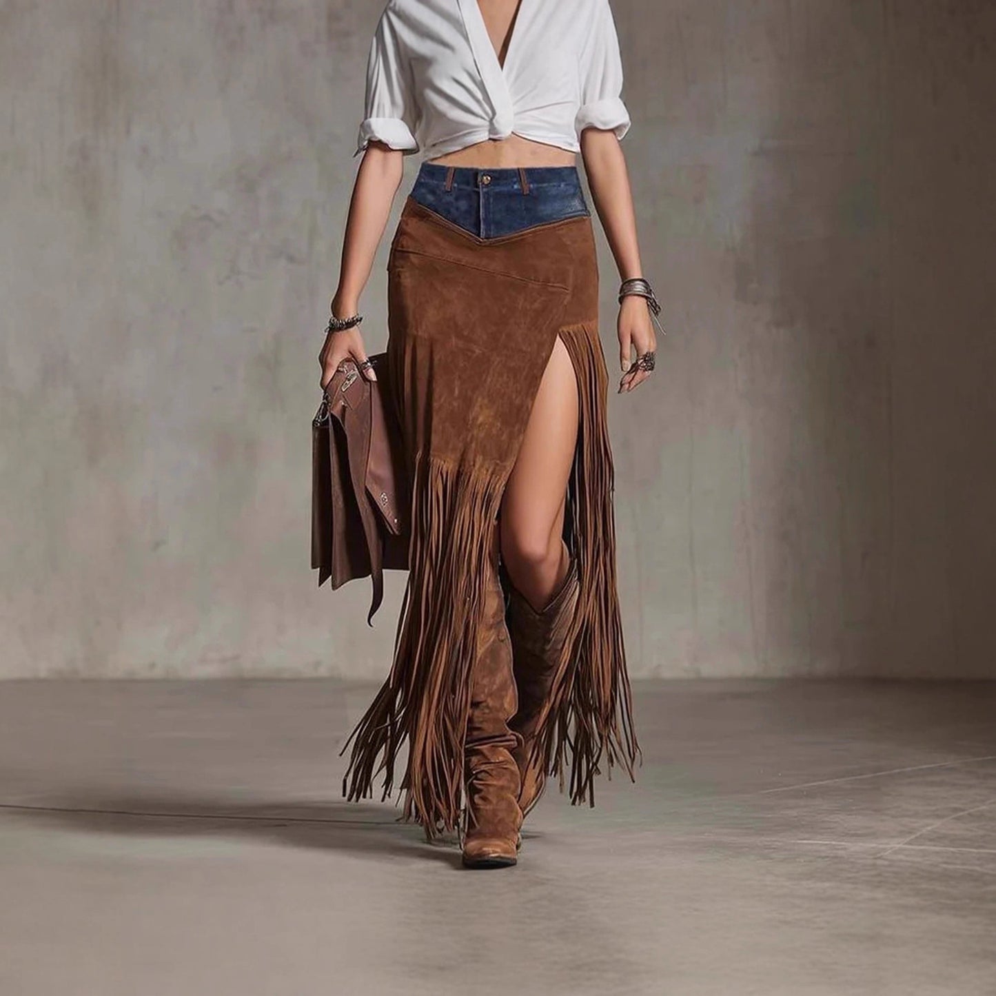 Fringed Patchwork Denim Skirt With An Asymmetrical Suede Hem