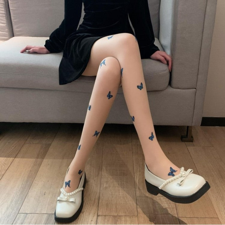 Blue Butterfly Stocking Women's Black Blue Butterfly Printed Ultra Thin Pantyhose Thin