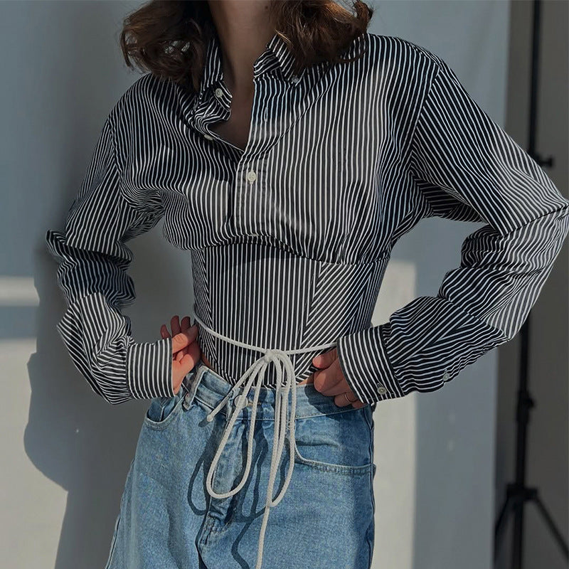 Striped Lapel Fitted Waist Short-length Long Sleeves