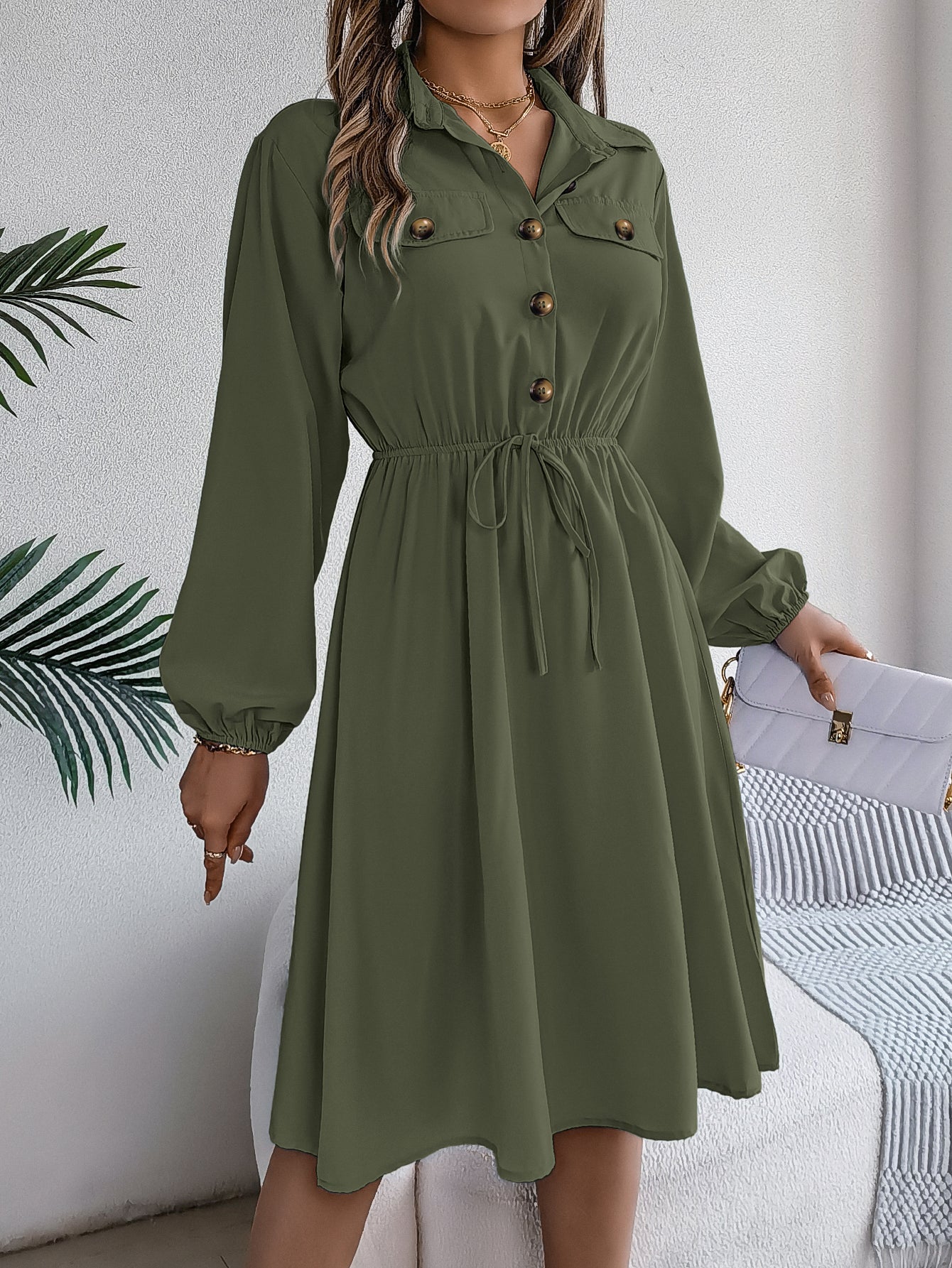 Women  Casual Button Tie Waist Long Sleeve Shirt Dress