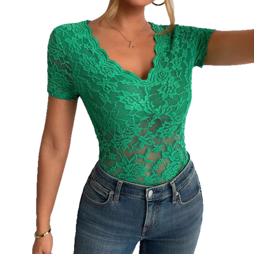 Womens Solid-Color Sexy Lace V-Neck Short-Sleeve Lace Base Top