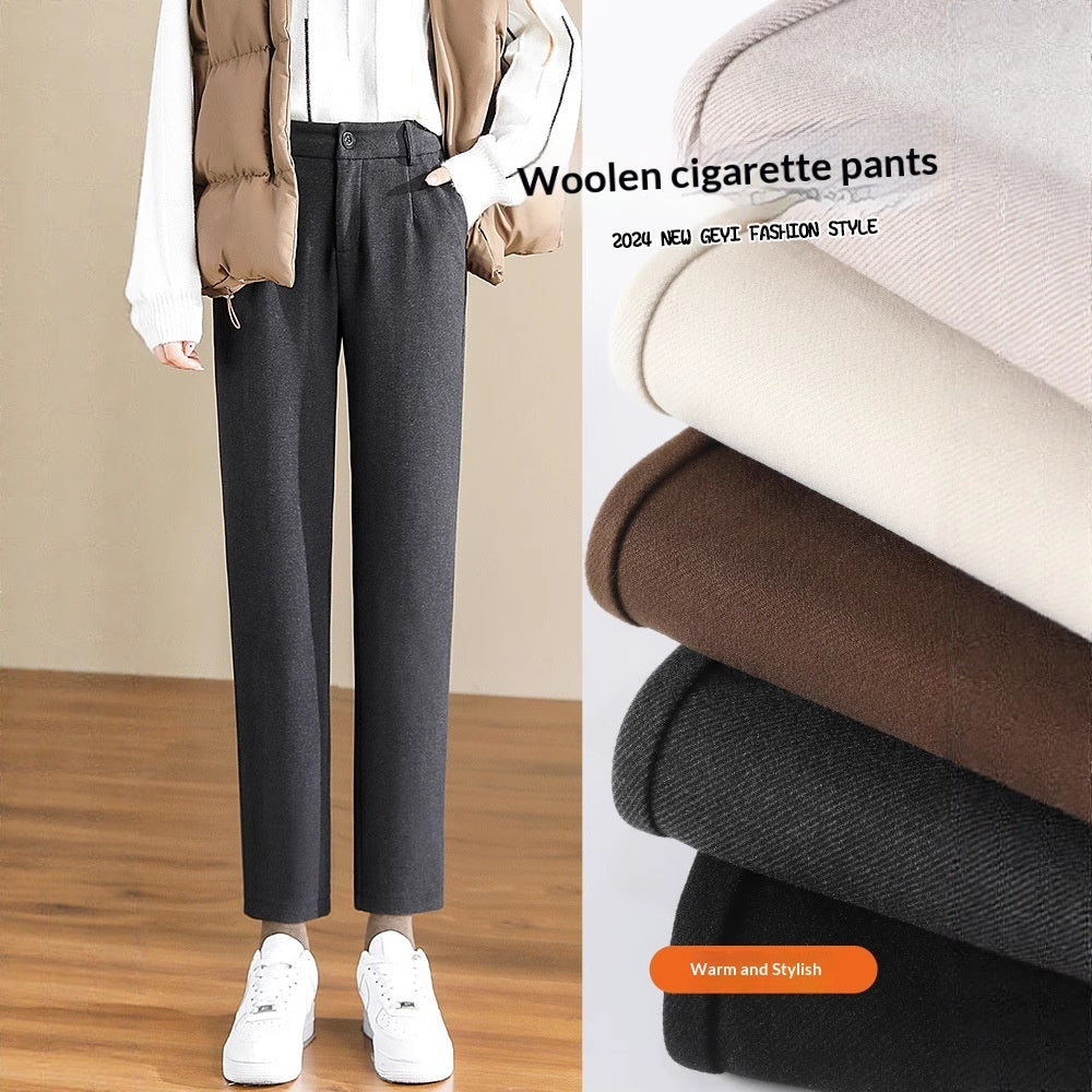 Women's Black Wool Pants With Fleece Lining For Autumn And Winter, Thick And Casual