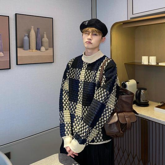 Retro kontrastfarvet sweater til mænd, lille, duftende, vævet plaid