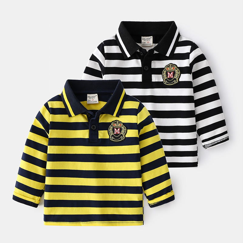 Spring and autumn striped long sleeve polo shirt