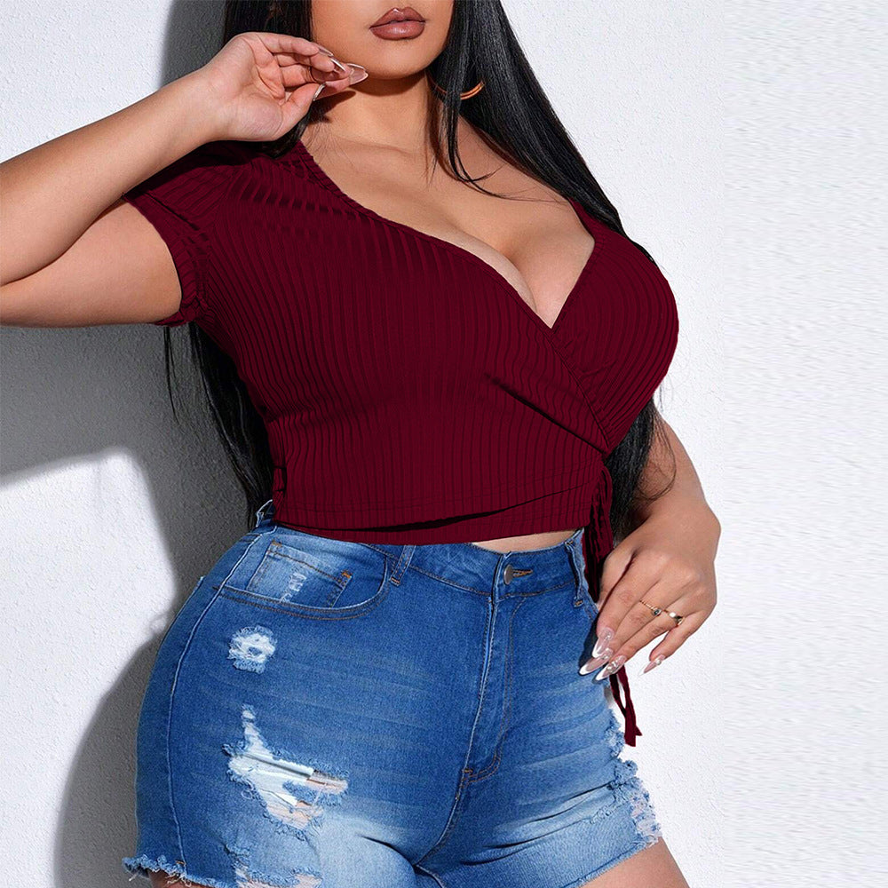 Sexy V-neck Slim-fit Short Sleeve Solid Color Knit T-shirt For Women