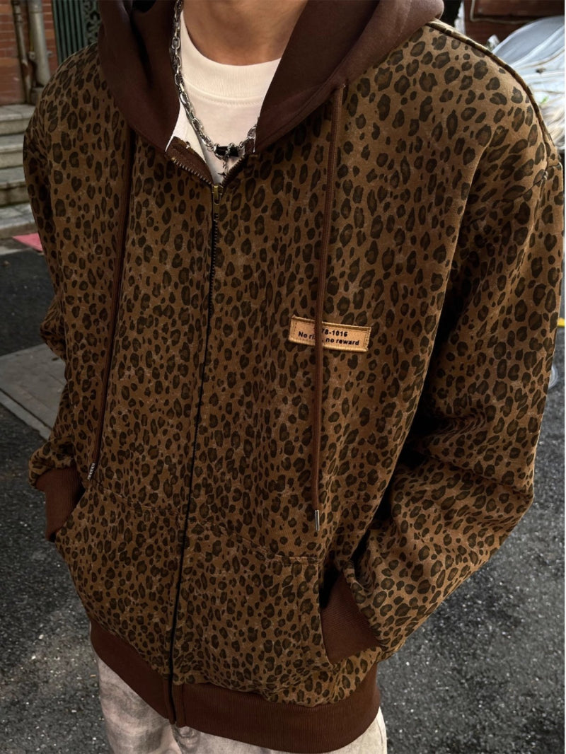 Retro Leopard-Print Zip-Up Hooded Cardigan Sweater High-Street Style Loose-Fit Casual Outerwear Top