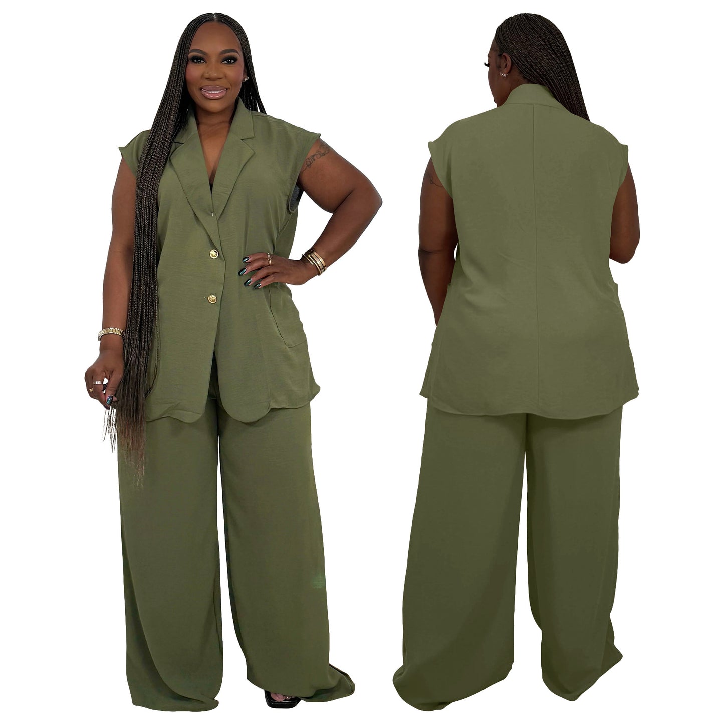 Women's V-Neck Sleeveless Fashionable Casual Two-Piece Set