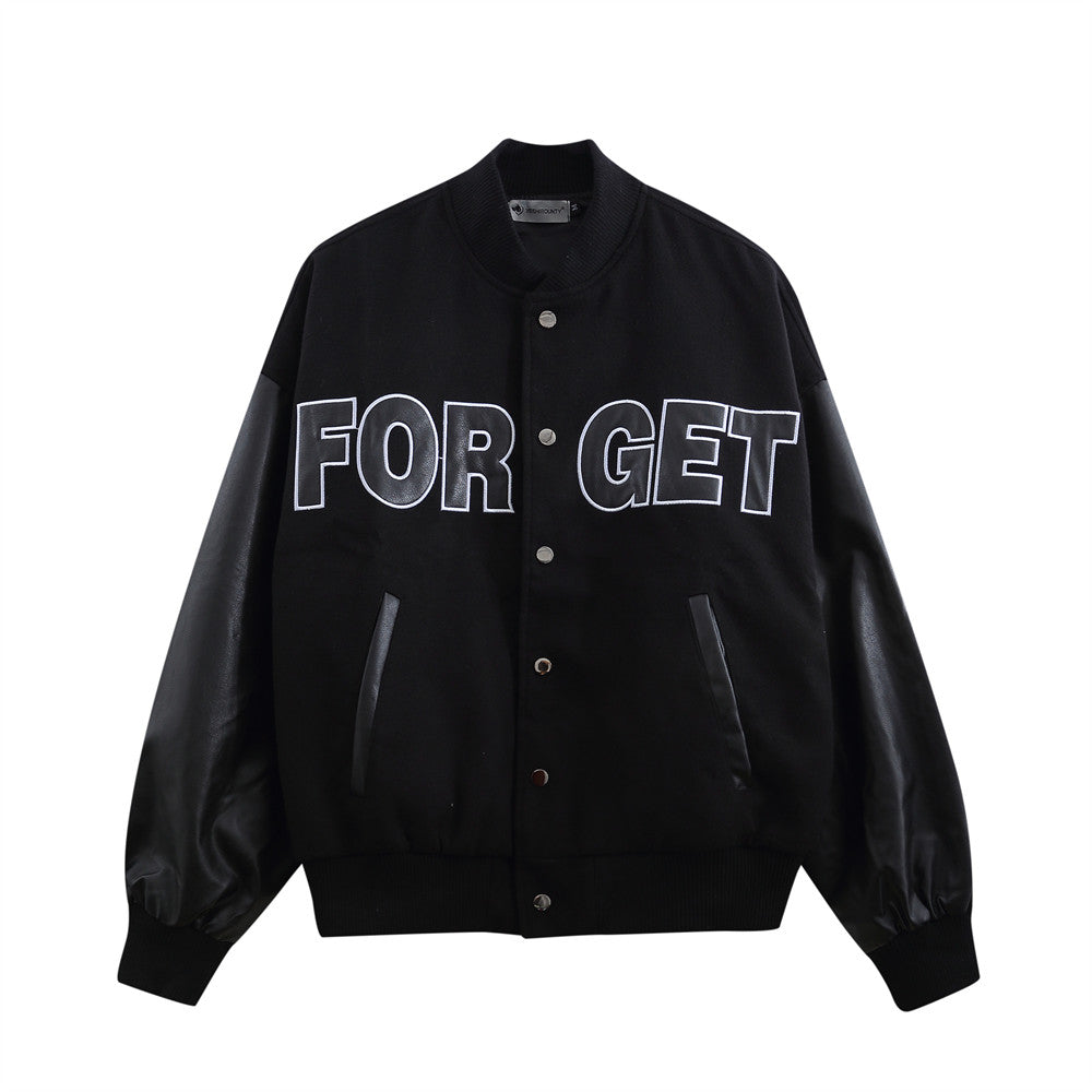 Stitching PU Leather Sleeve Baseball Uniform Men's Ins Fashion Brand Letter Embroidered Jacket