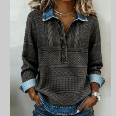 Womens Retro Printed Stand Collar Long-Sleeve Top