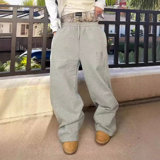 Embroidered Double Waist Casual Straight Pants