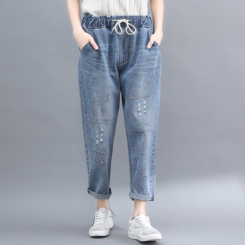 Wear Embroidered Casual Lace-up High-rise Cropped Jeans