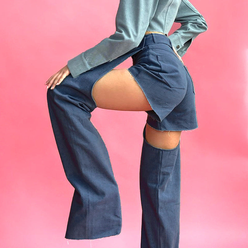 Design Sense Irregular Hollow Straight Jeans