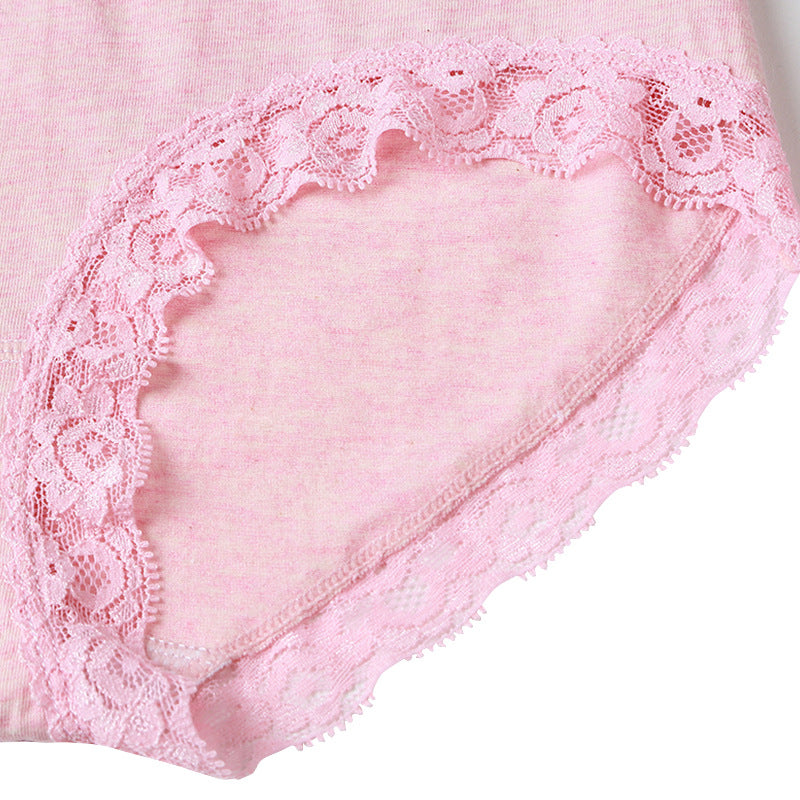 Solid Color Lace Trim Pure Cotton High Waist Briefs