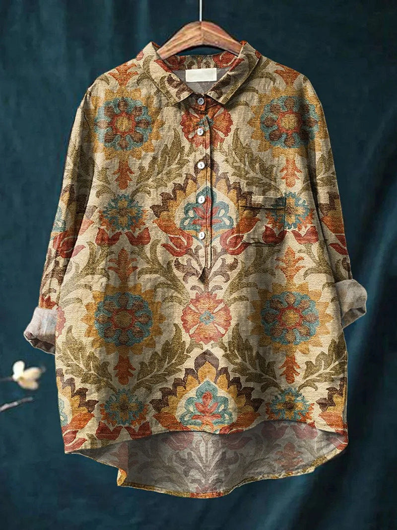 Lapel Long Sleeve Shirt Vintage Floral Flower T-shirt Shirt