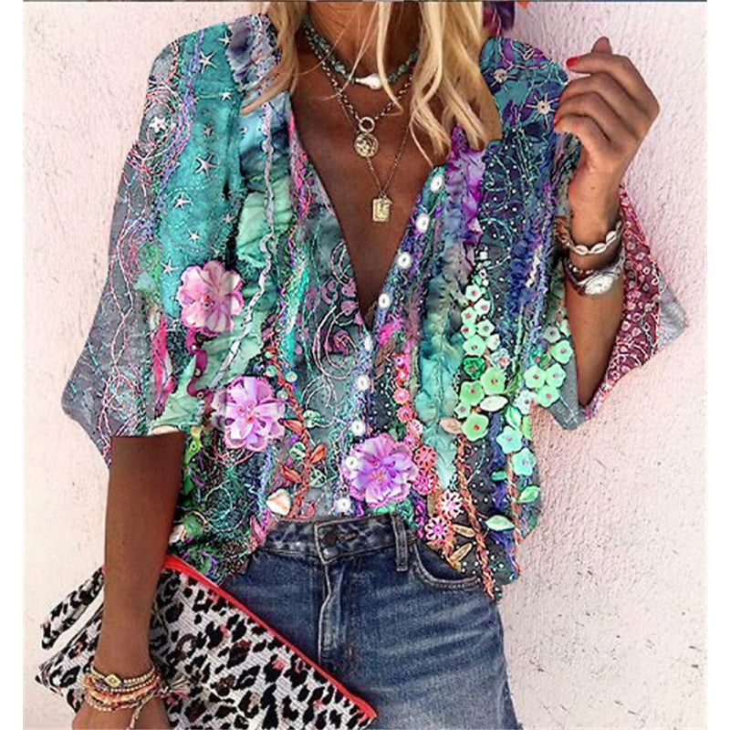 Floral-print Long-sleeve Top Fashionable V-neck Blouse For Women 3D
