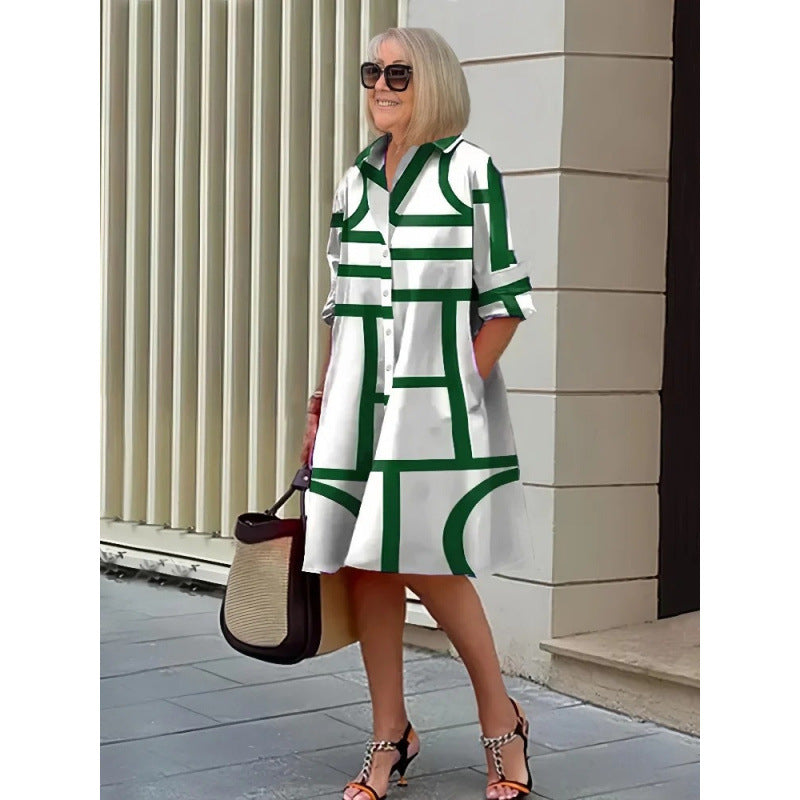 Elegant Polka-dot Printed Shirt-collar Mid-length Dress With Long Sleeves