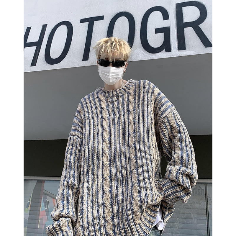 Striped Retro American Loose Round Neck Sweater