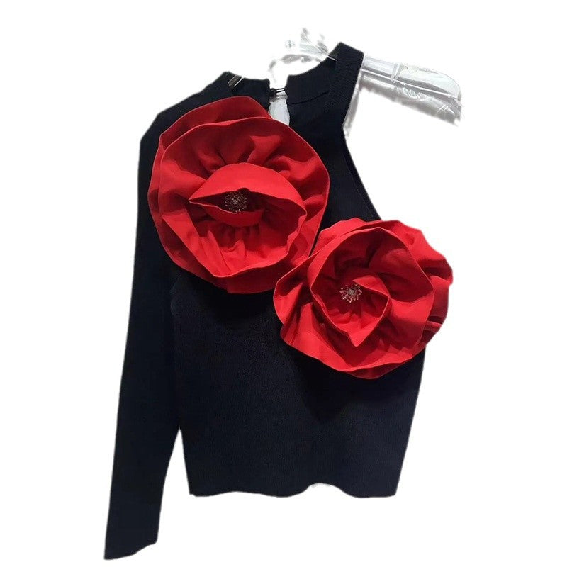 High-end Design Stitching Flowers Slim-fit Knitted Top