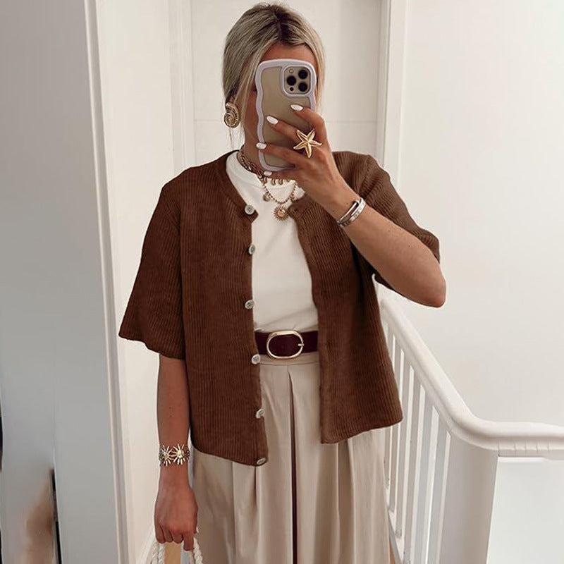 Solid Color Half-open Collar Button Sweaters Women's Clothing Women's Casual Cardigan