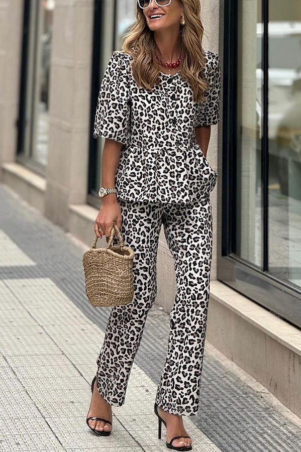 New European And American-style Fashion Casual Printed Leopard-print Cardigan And Pants Two-piece Set
