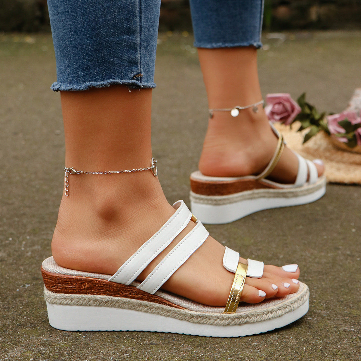 Colorblock-strop Kilehæl Sandaler Sommer Mode Hamp Hæl Slides Tøfler Udendørs Tyk Bund Fiskehals Sko til Kvinder