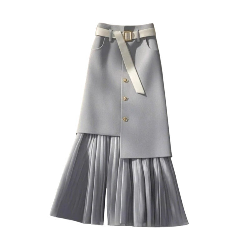 Womens Mid-Length Straight Skirt With Gray Patchwork Design