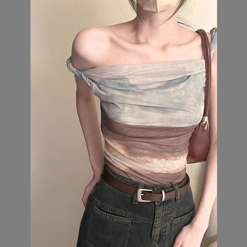 Blooming Abstract Oil Painting Mesh Irregular Spaghetti-strap Vest