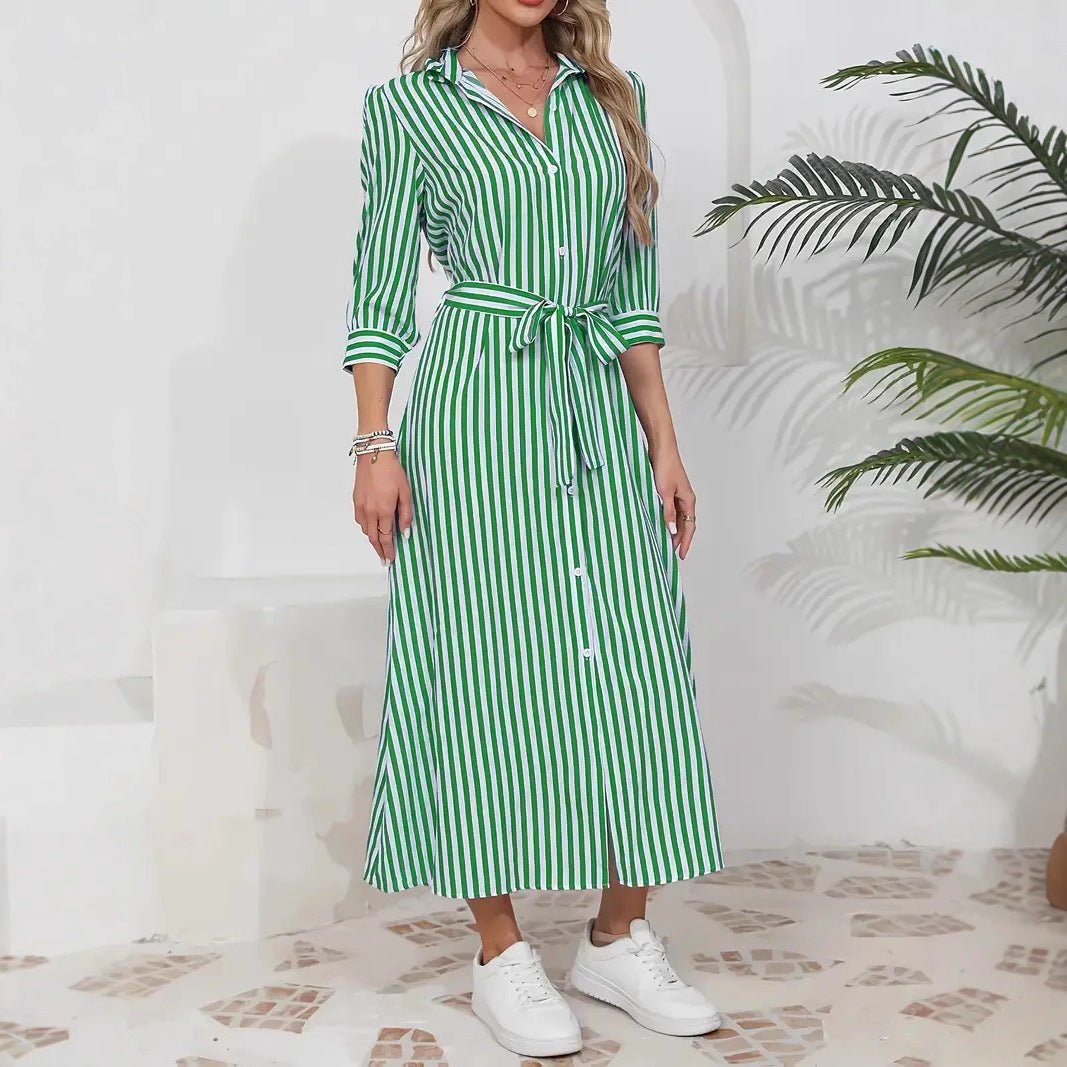 Womens Fashion Striped Cardigan Lapel Shirt Dress