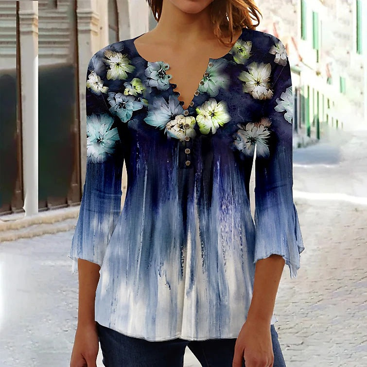 Bluse til kvinder med blomstret print, 3/4 ærmer, V-hals og knapper