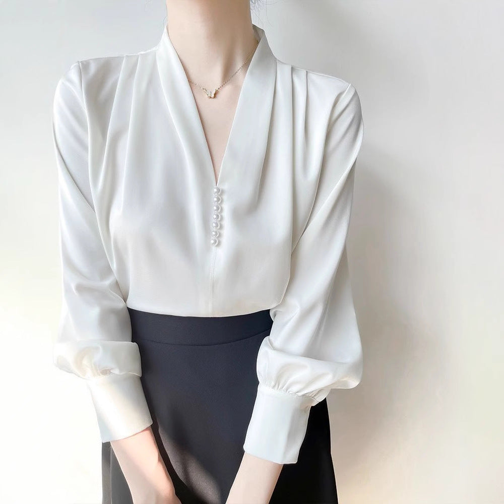 Dame V-hals Chiffon Langærmet Skjorte i Polyester
