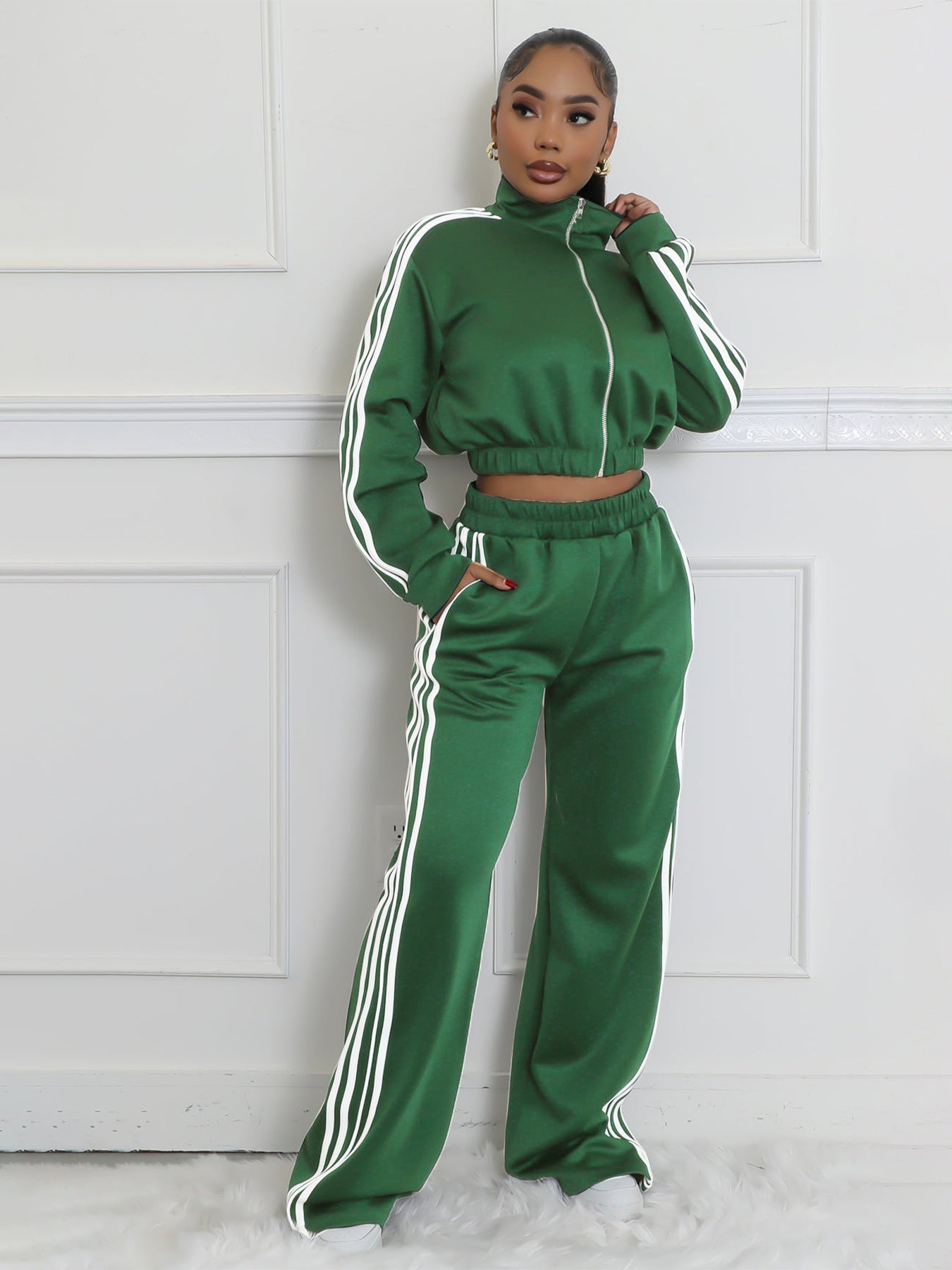 Striped Zipper Thickening Sweater Leisure Commute Suit