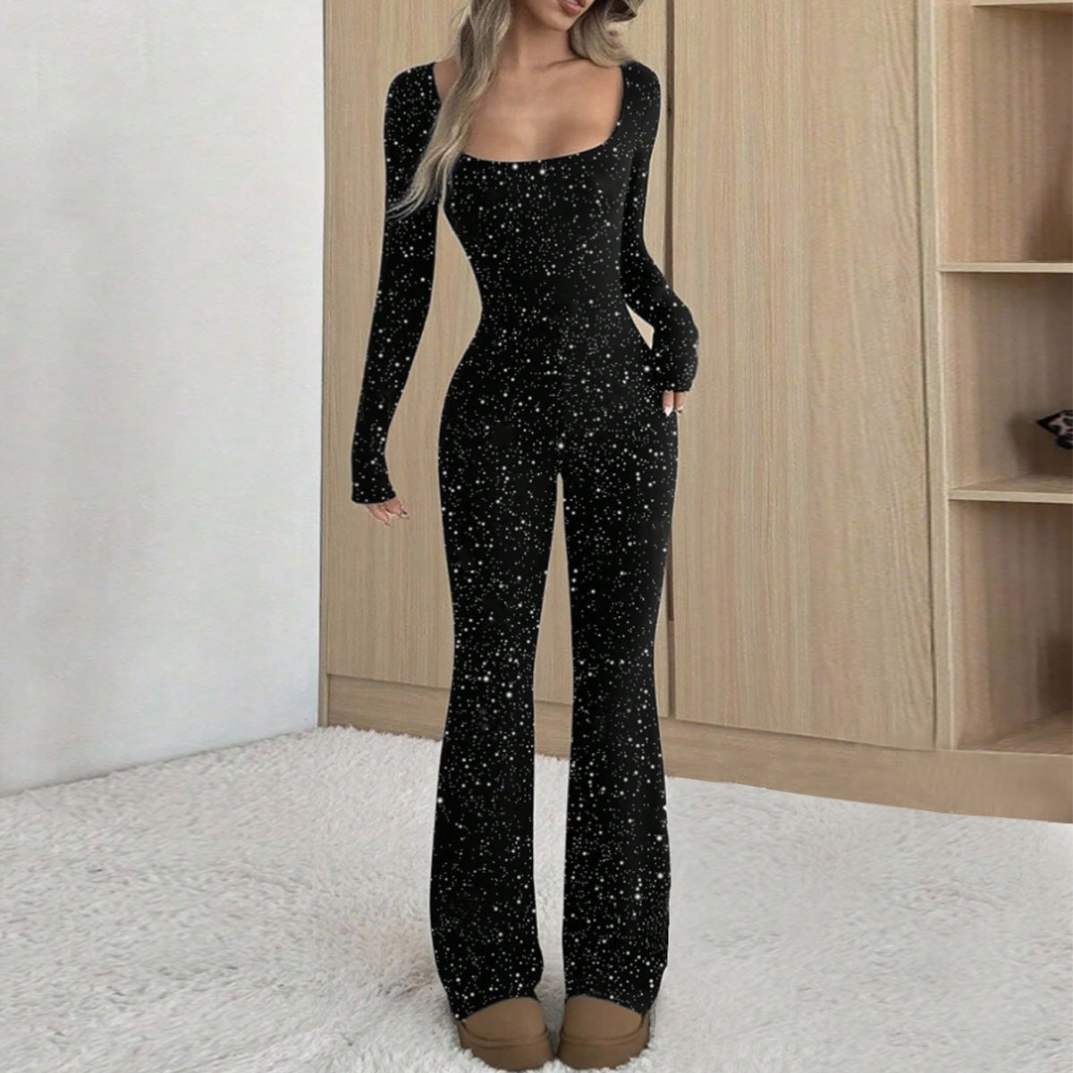 Autumn Temperament Slim Fit Square Neck Silver Jumpsuit For Women