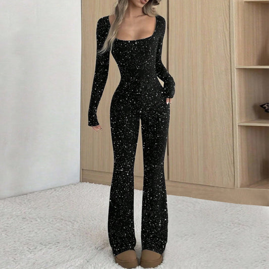 Efterår Temperament Slim Fit Firkantet Hals Sølv Jumpsuit Til Kvinder