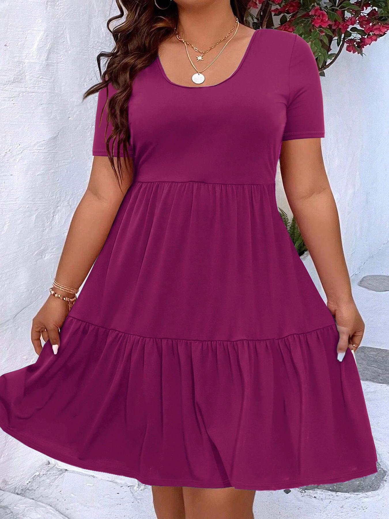 Plus-size Womens Pleated Solid-color Crewneck Dress