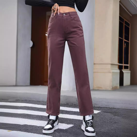 Women's Retro Fashion High Waist Straight-leg Denim Trousers
