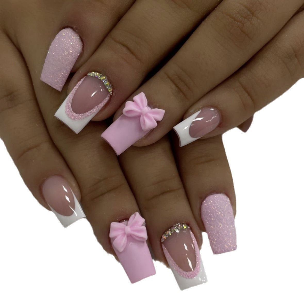 Women's Fashion French Pink Bow Manicure