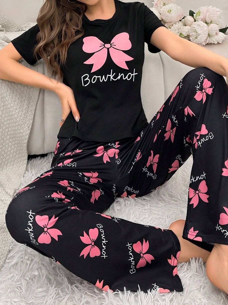 Home Round Neck Printed Short Sleeve T-shirt Top And Trousers Suit