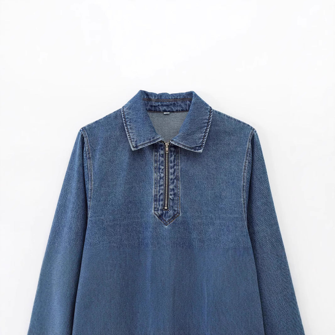 Womens Designer Zip-Up Denim Shirt Top