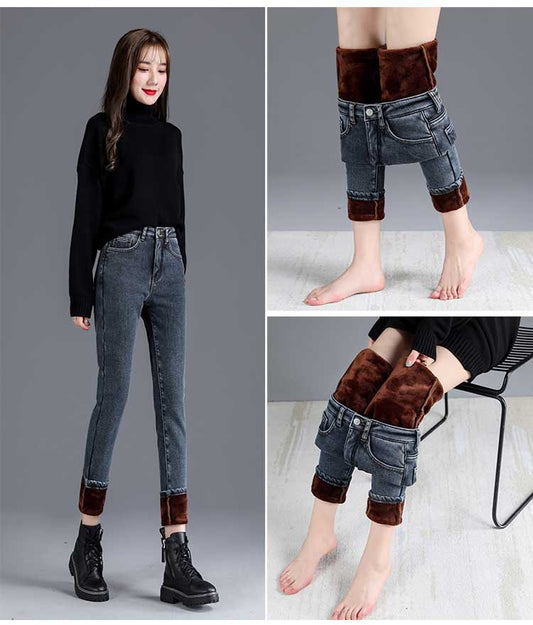 Women's New Net Red High-waisted Velvet Jeans