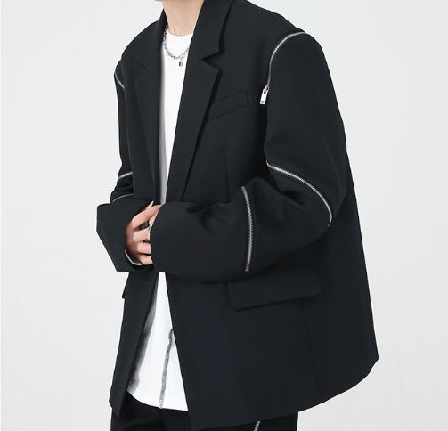 Men's Zippered Sleeve Splicing Black Suit