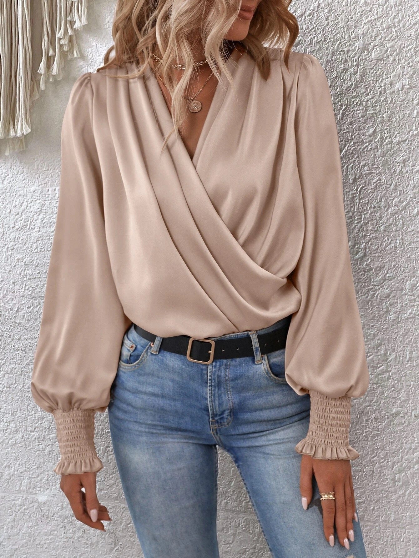V-neck Pleated Lantern-sleeve Solid-color Blouse For Womenelegant And Professional