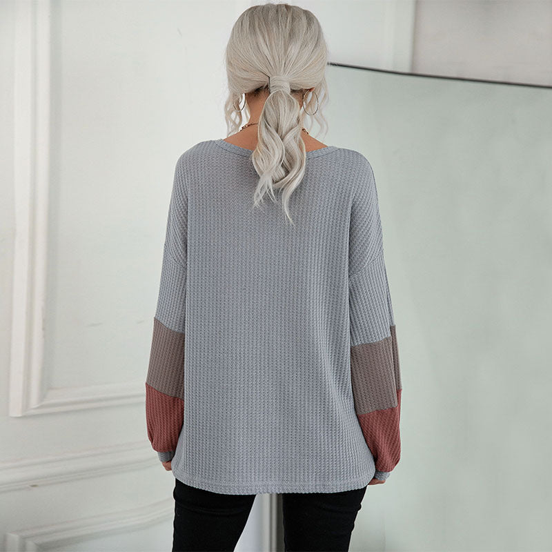 Ny Farveblokering Langærmet Vaflet V-hals Strikket Pullover