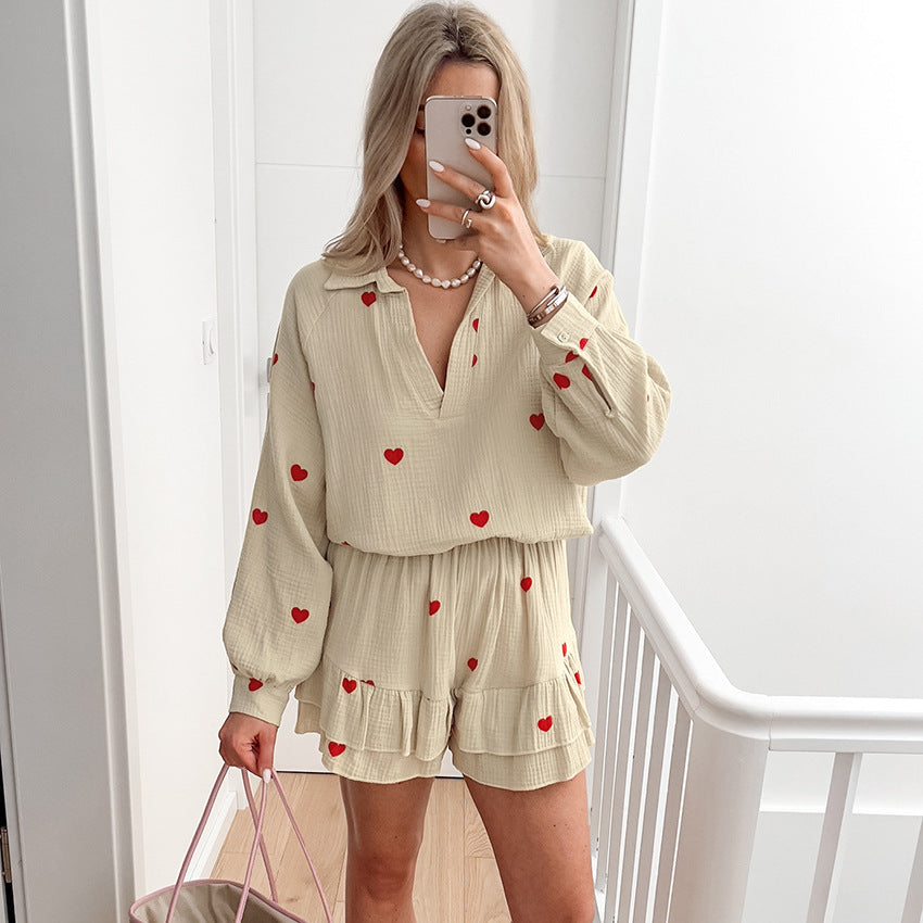 Casual Breathable Home Wear Heart-Printed Long-Sleeve Shorts Pajamas
