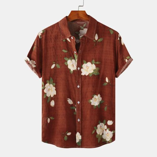 Men's Loose Printed Cotton And Linen Shortsleeved Shirt