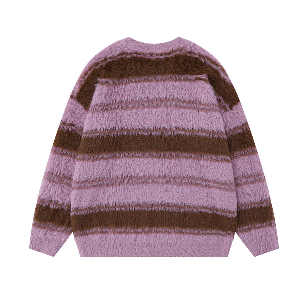 Striped With Fleece Lining Round Neck Sweater Men's American Style