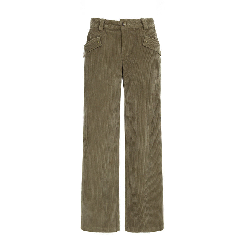 High Waist Straight All-matching Corduroy Flanging Pocket Loose Casual Pants
