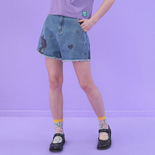 Aqua blue denim printed shorts