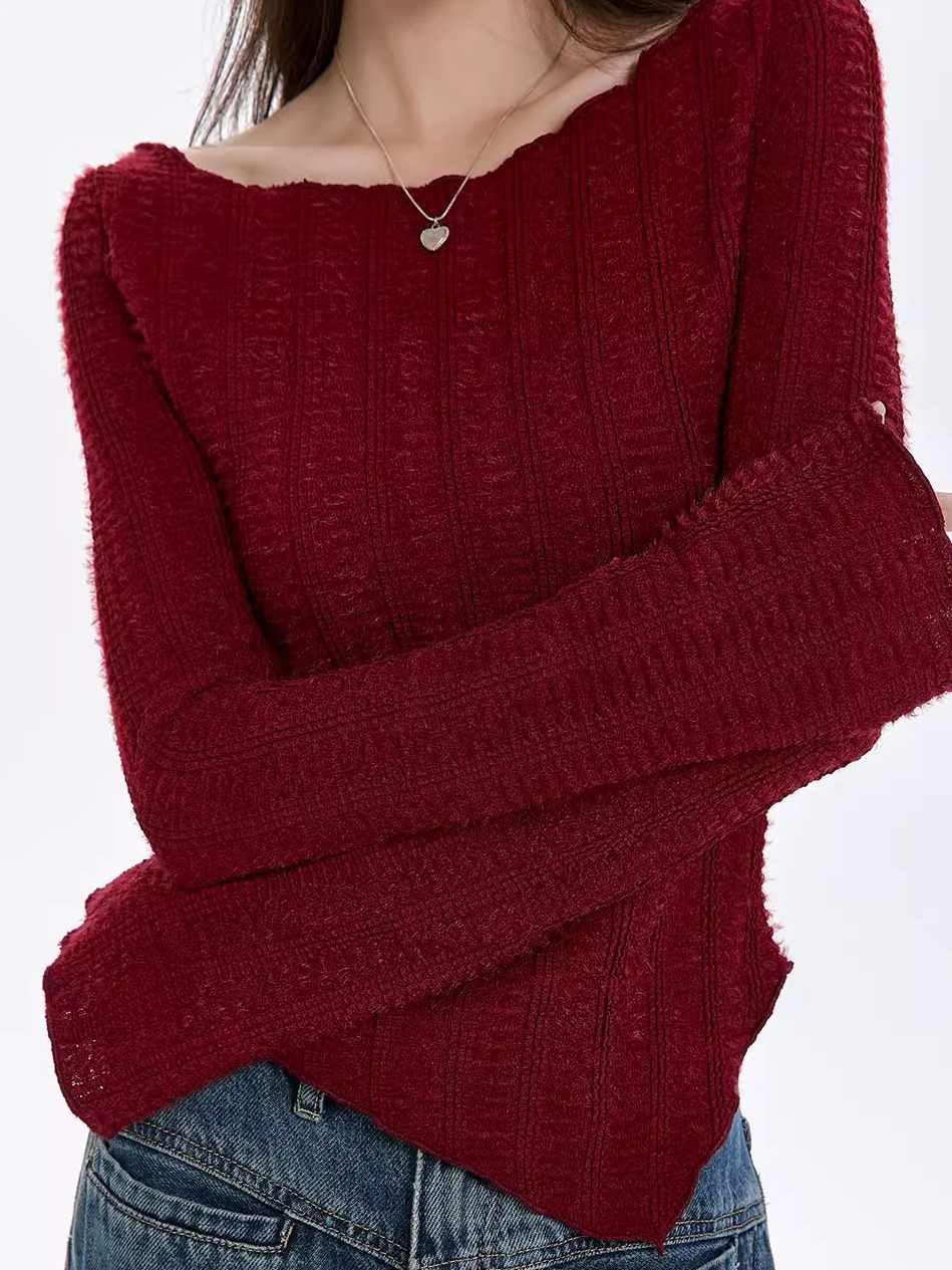 Red Vintage-style Design-forward Long-sleeve Knit Top A Slim-fit Base Layer