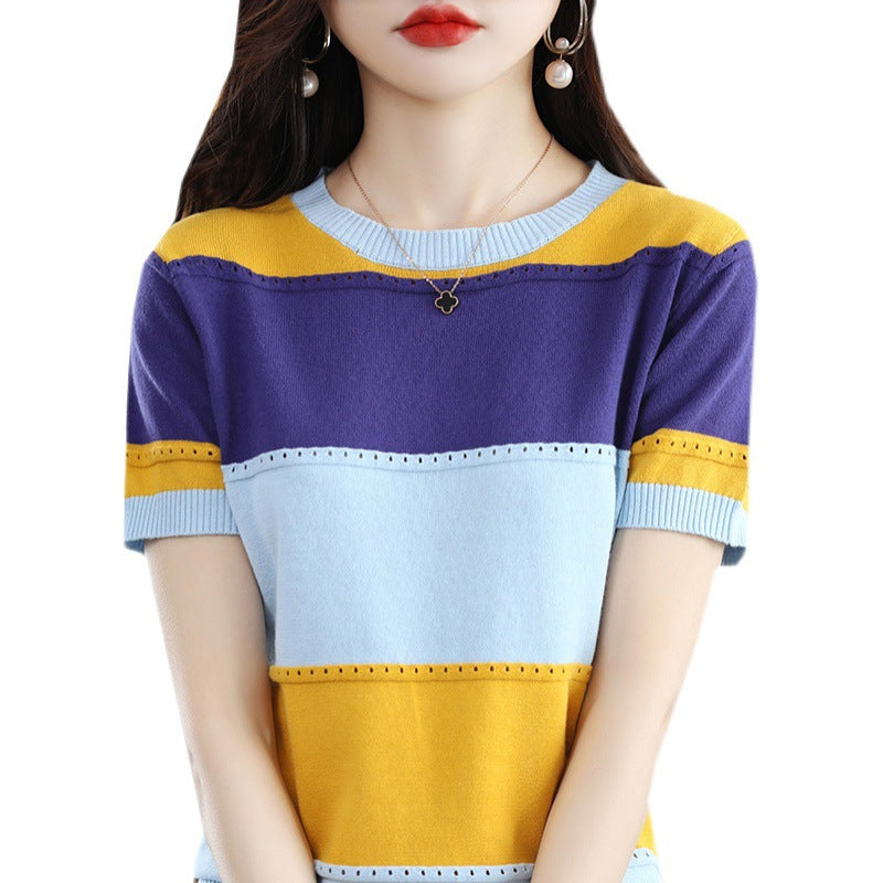 Round Neck Multicolor Hollow Loose Slimming Cotton Pullover Knitting Half Sleeve