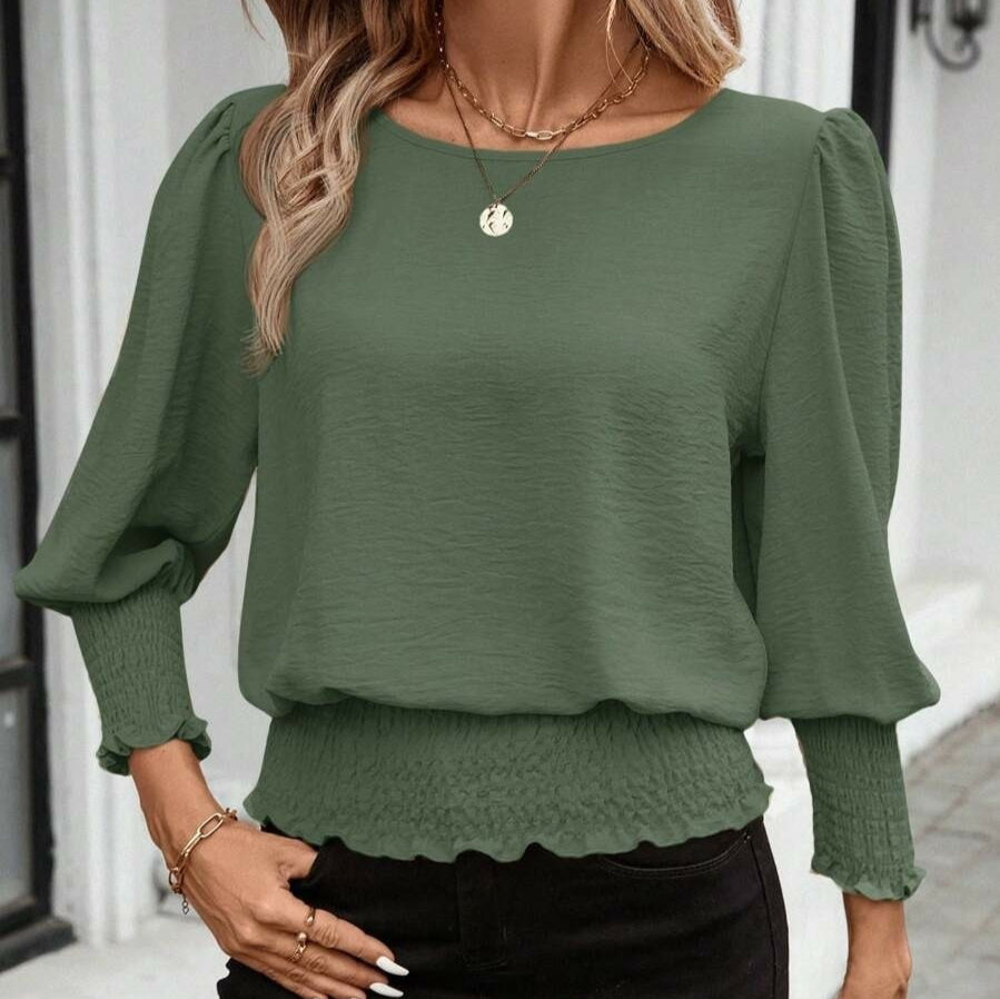 Loose Plus Size Crew Neck Solid Color Smocking Shirt Lantern Sleeve